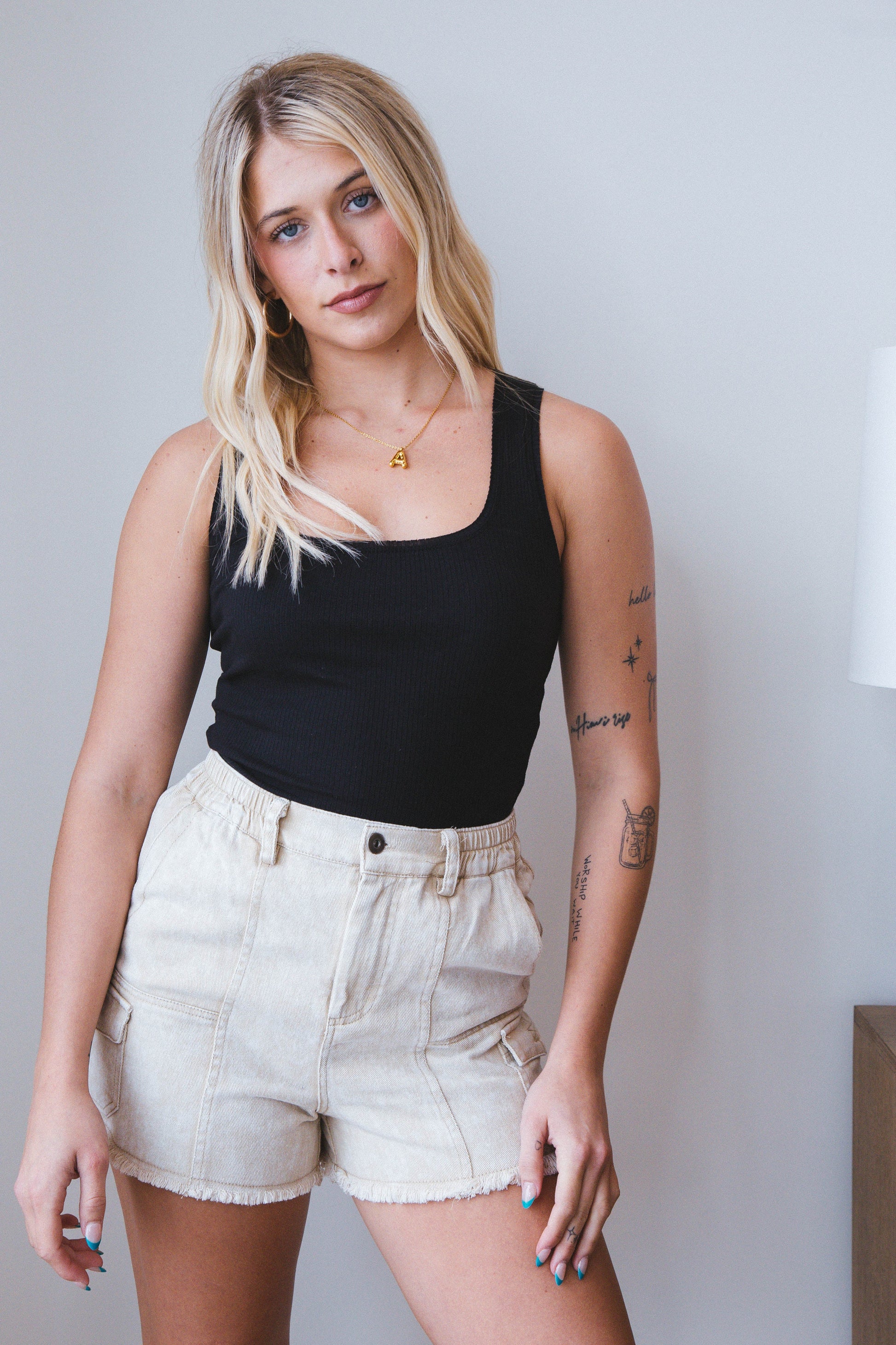 Charlie Twill Denim Cargo Shorts, Beige