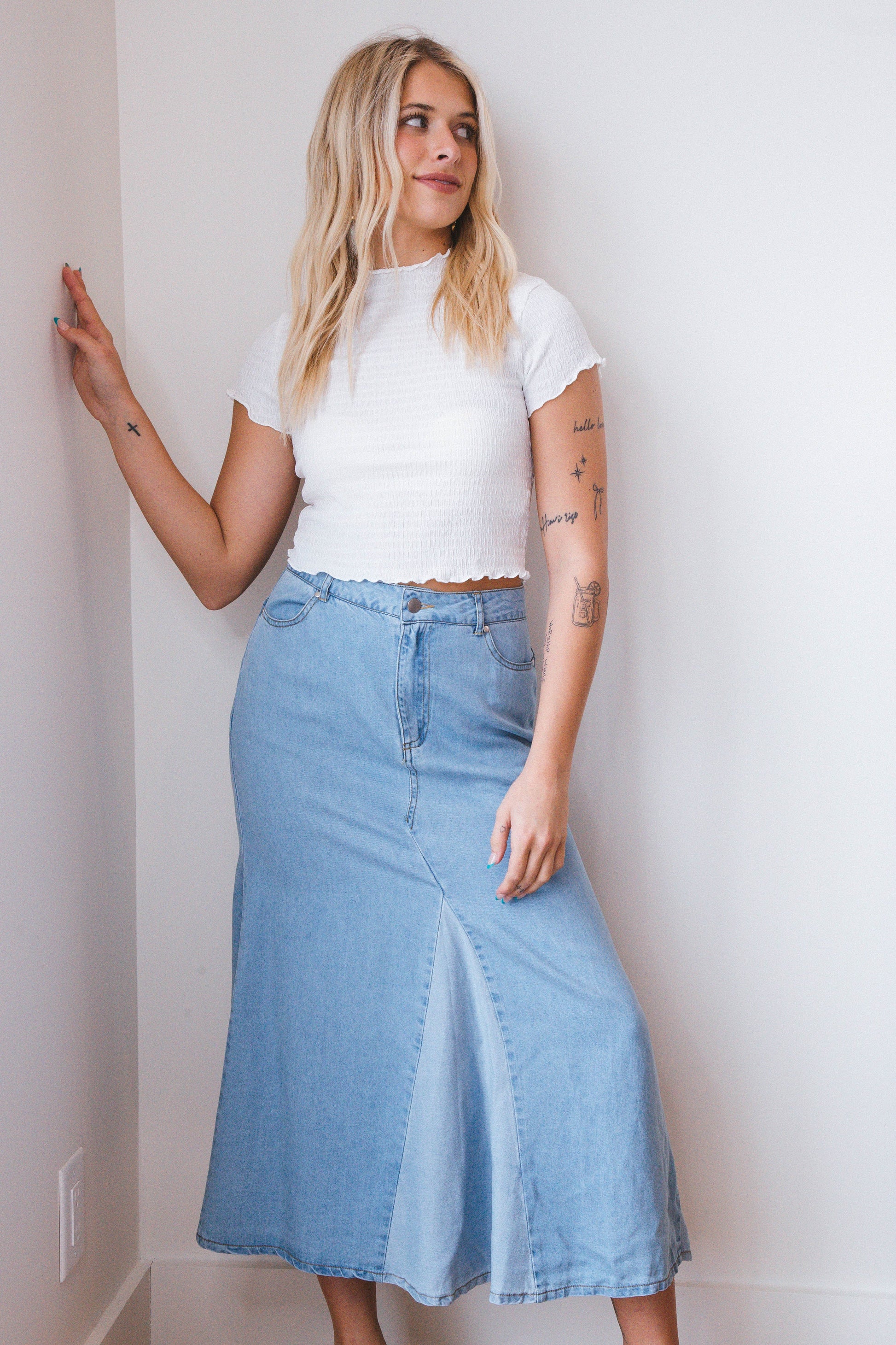 Amaya Colorblock Midi Skirt, Denim