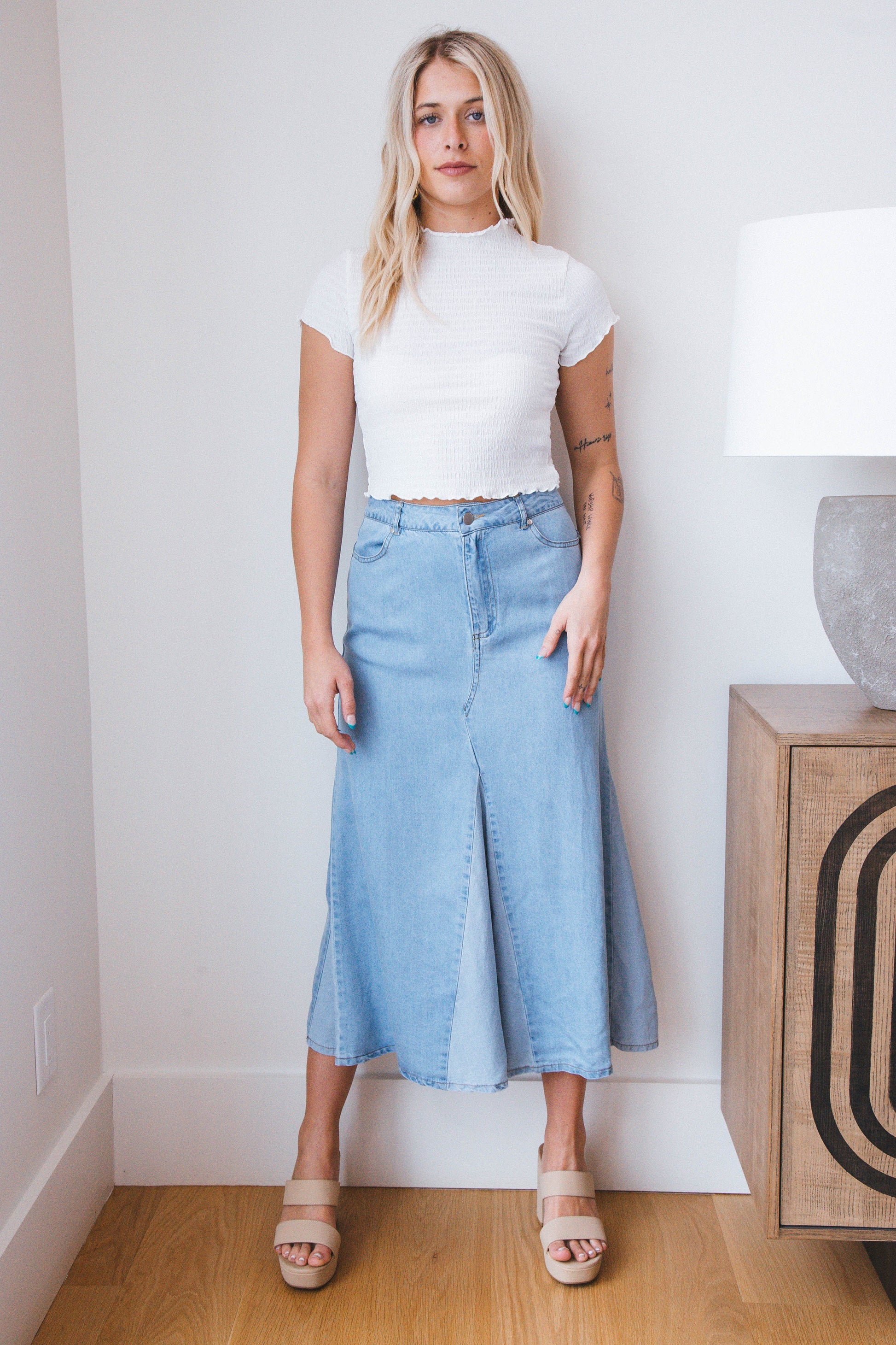 Amaya Colorblock Midi Skirt, Denim