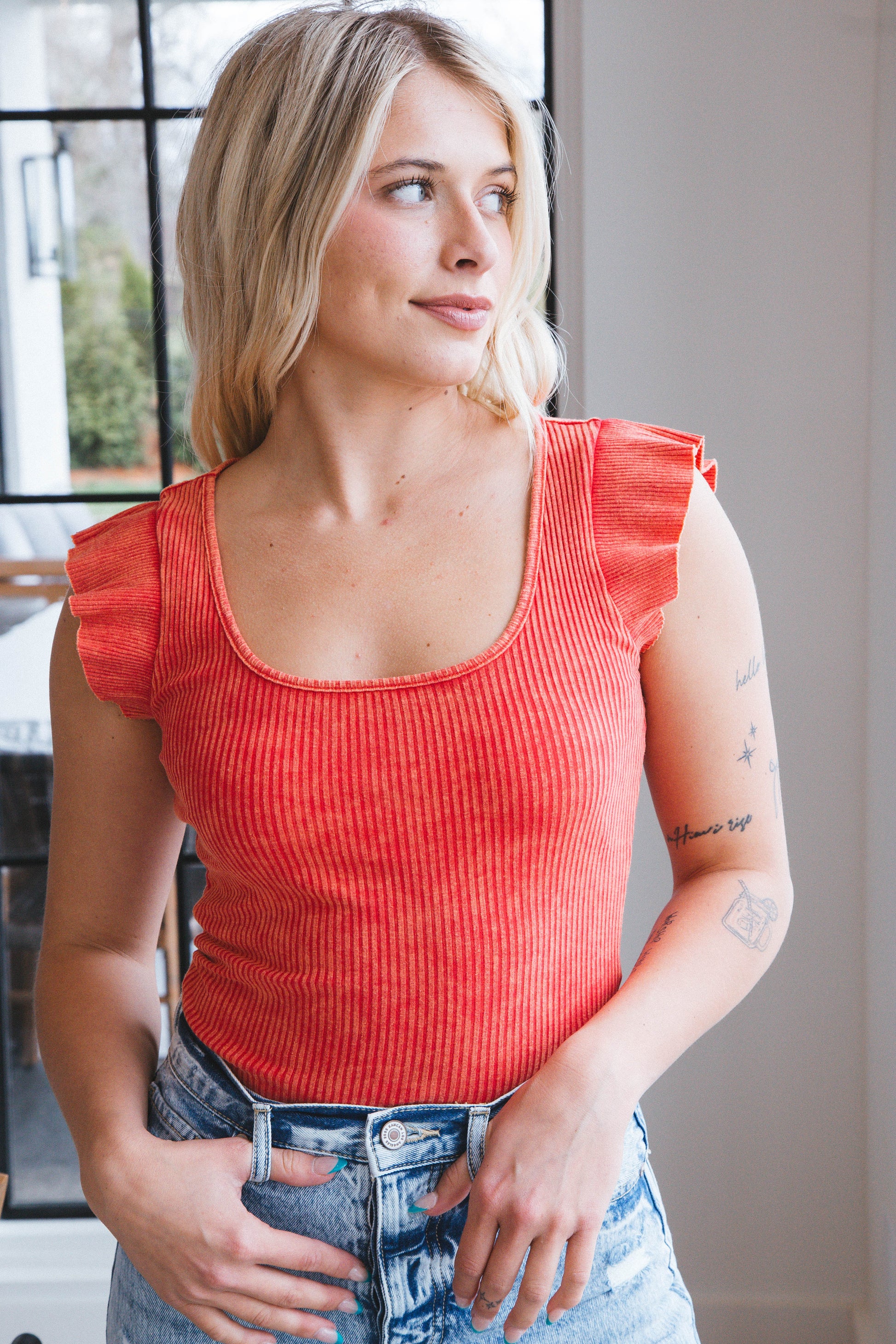 Ariella Ruffle Mineral Wash Top, Red