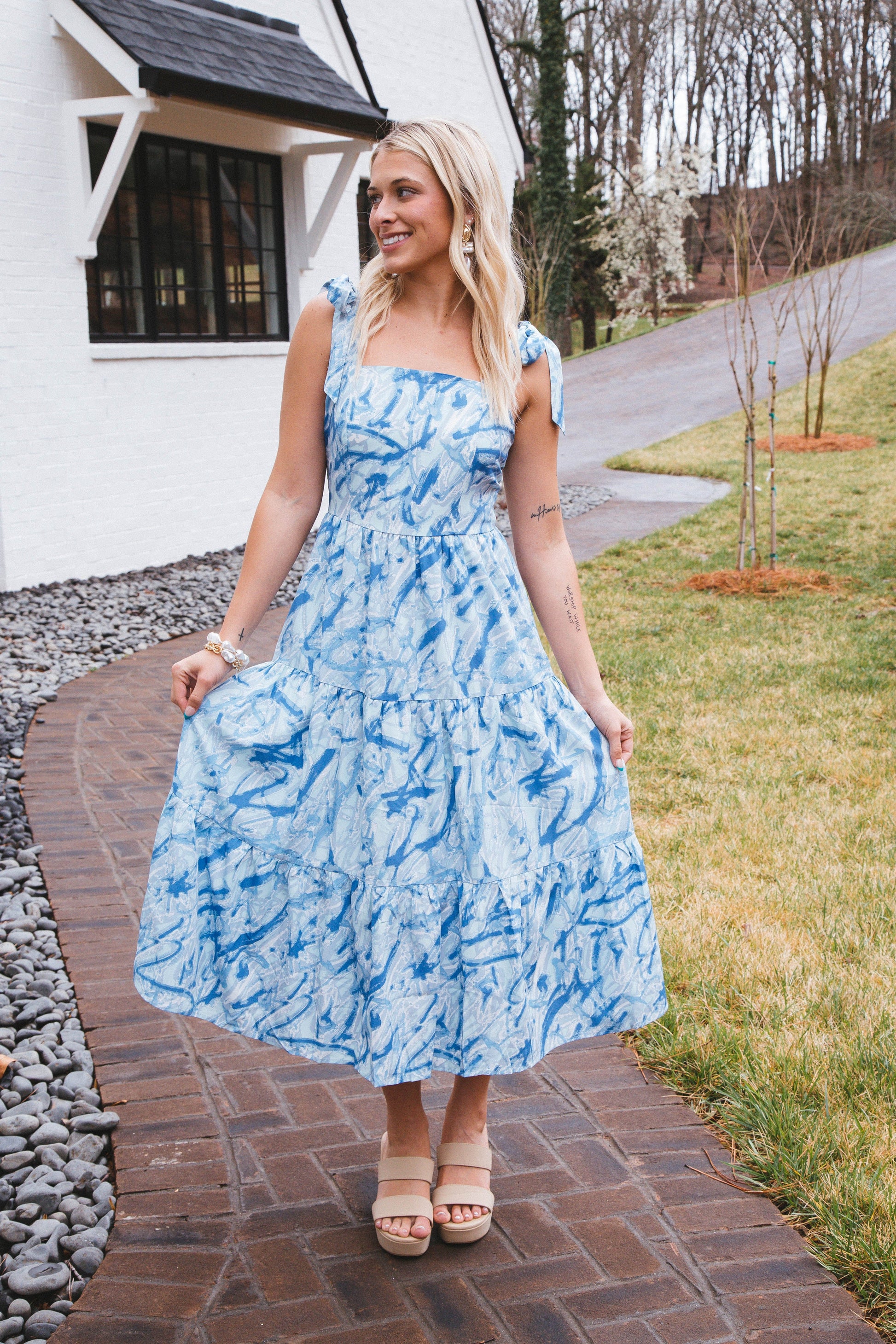 Alexandra Tie Shoulder Midi Dress, Light Blue